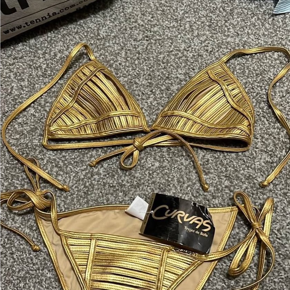 Luxurious Gold Metallic Bikini with Pleated Texture